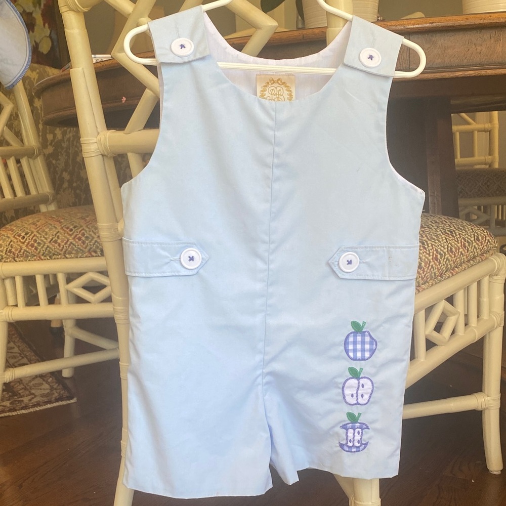 The Beaufort Bonnet Company Light Blue Romper with Apple Design